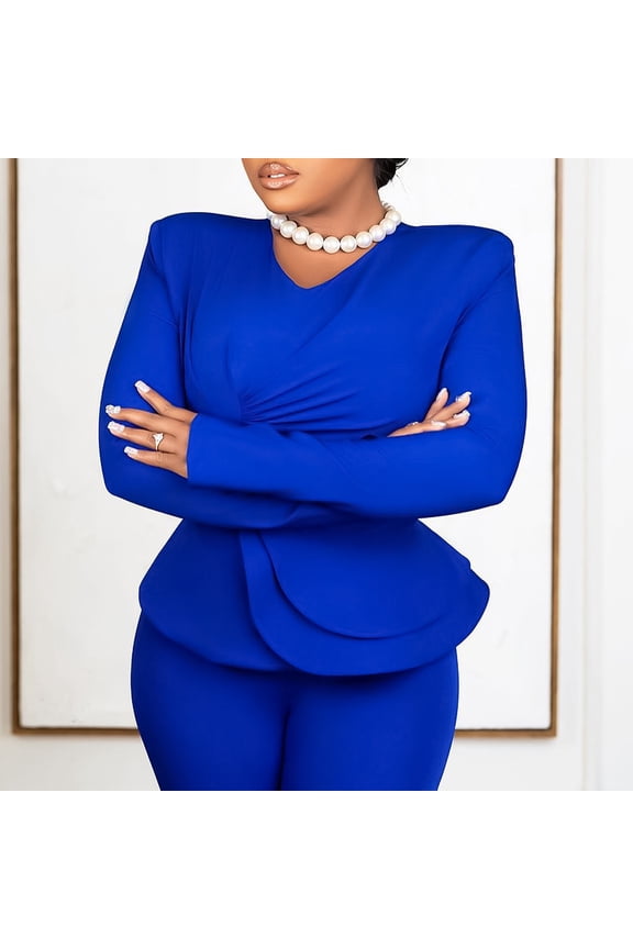 Plus Size 2 Piece Pants Set Ruffle V Neck Long Sleeve Top Wide Leg Trousers Elegant Fall Winter Outfit