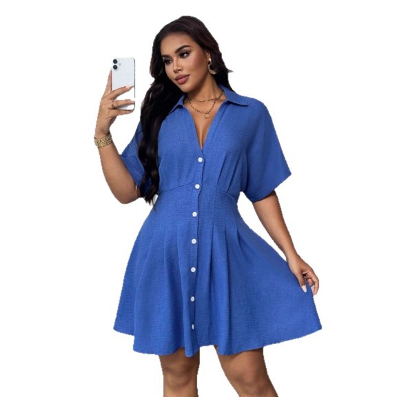 AURA Plus Size A Line Dress V Neck Button Front Commuting Mid Length Blue 0XL 4XL