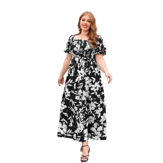 AURA Plus Size A Line Midi Dress High Waist Square Neck Summer Casual Pullover Dress Short Sleeve Pleated Solid Color