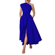 AURA Plus Size Asymmetrical Neck Sleeveless Maxi Dress Women Waist Cinching Flared Elegant Summer Casual Party Dress