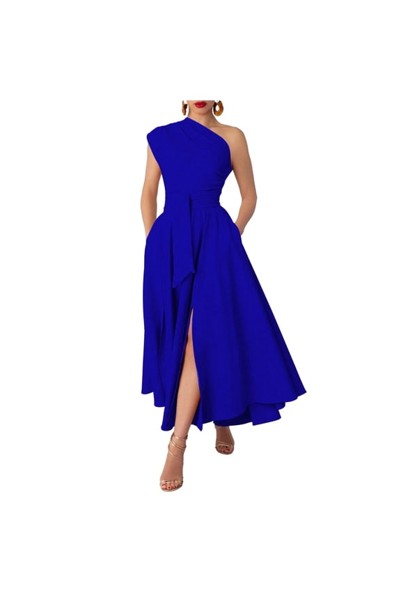 Plus Size Asymmetrical Neck Sleeveless Maxi Dress Women Waist Cinching Flared Elegant Summer Casual Party Dress