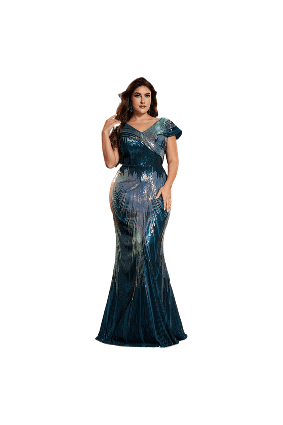 Plus Size Beaded V Neck Evening Gown Cap Sleeve Elegant Formal Cocktail Party Maxi Dress