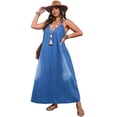 thumbnail image 1 of AURA Plus Size Deep V Neck Denim Maxi Dress Sleeveless Elegant Summer Commuter Style, 1 of 7
