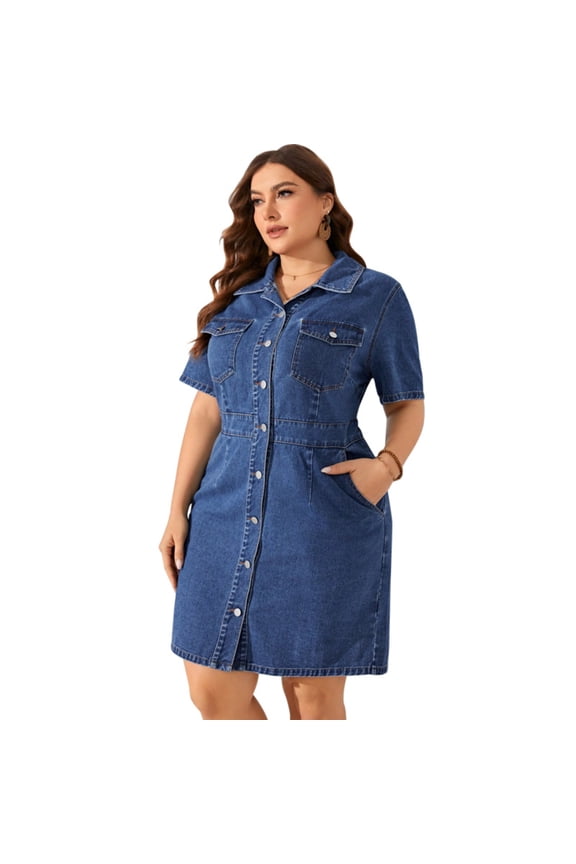 Plus Size Denim Shirt Dress Women Midi Dress 1XL-5XL Short Sleeve Casual Work Outfit Fall