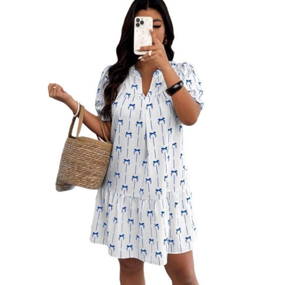 AURA Plus Size Dress A Line Printed V Neck Commuting Short Blue Polyester Ruffle Sleeve Women Dress