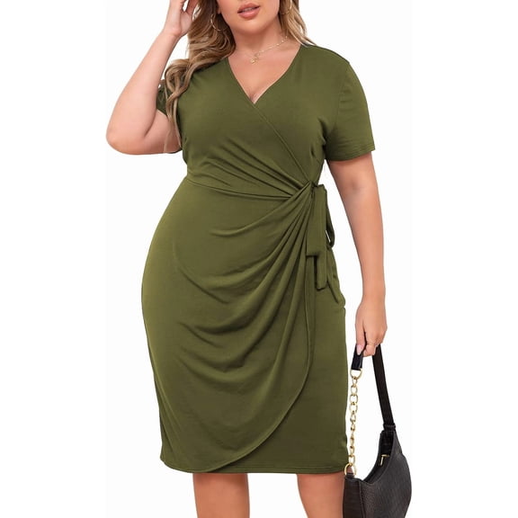 AURA Plus Size Dresses for Curvy Women Summer Casual Wrap Bodycon Midi Short Sleeve Pleated Dress 14-26