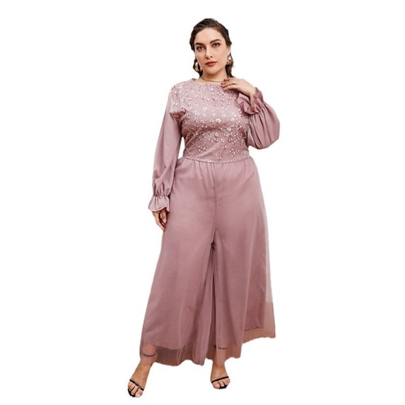 AURA Plus Size Elegant Jumpsuit Wide Leg High Waist Long Sleeve Pink 1XL-5XL