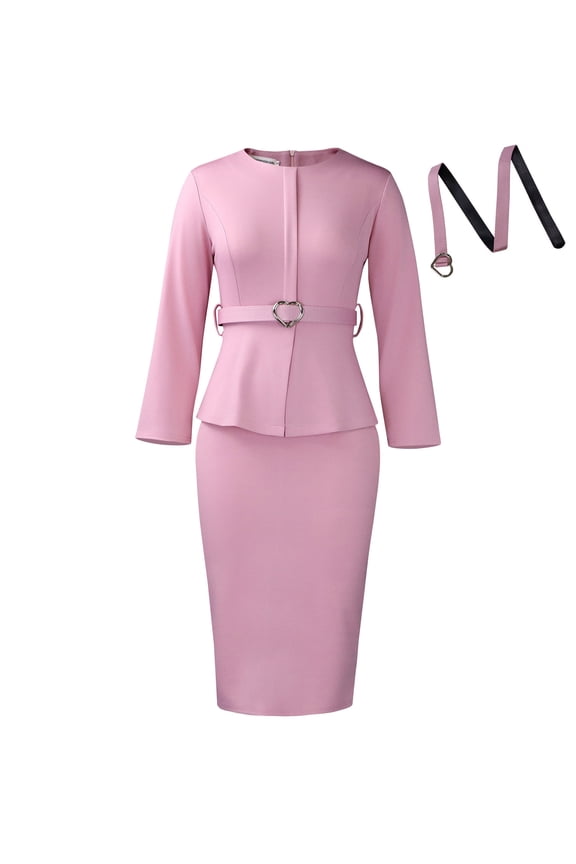Plus Size Elegant Round Neck Pencil Midi Dress Nine Sleeve High Waist Office African Work Dress with Belt