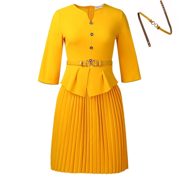 AURA Plus Size Elegant Three Quarter Sleeve Pleated A Line Office Dress with Belt 2025 Summer High Waist Bodycon Midi Dress