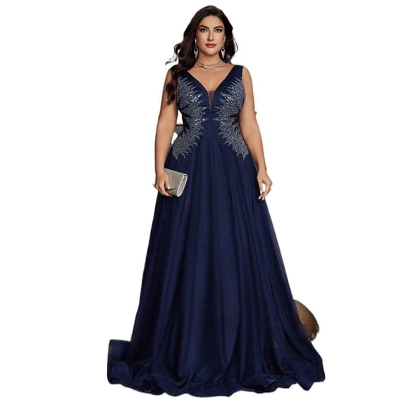 AURA Plus Size Evening Dress A Line Long Navy Blue Party Polyester Drawstring