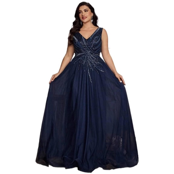 AURA Plus Size Evening Dress A Line Long Zipper Party Navy Blue