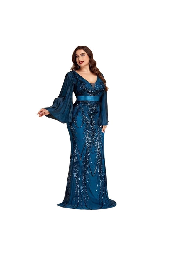 Plus Size Evening Dress Deep V Neck Long Sleeve Party Teal Blue 0XL-4XL