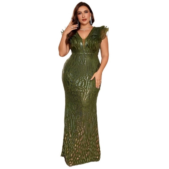 AURA Plus Size Evening Dress Deep V Neck Sequin Slim Fit Party Long Skirt 0XL-4XL