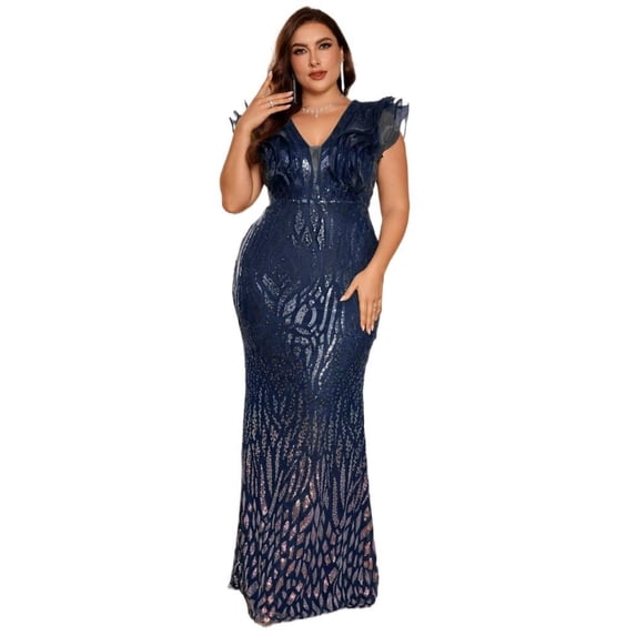 AURA Plus Size Evening Dress Deep V Neck Sequin Slim Fit Party Long Skirt 0XL-4XL