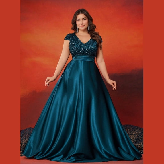 AURA Plus Size Evening Dress Deep V-Neck Sleeveless A-Line Party Wear Long Dress