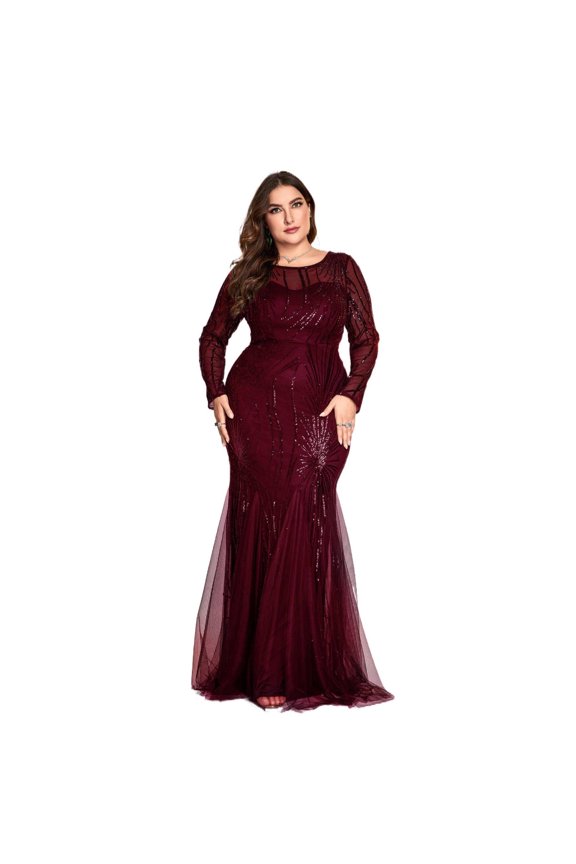 Plus Size Evening Dress Long Sleeve Slim Fit Fishtail Party Gown Round Neck Zipper Women 0XL–4XL