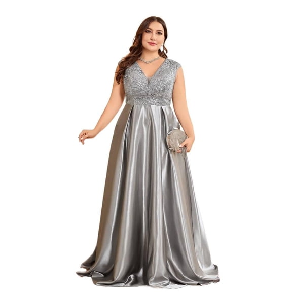 AURA Plus Size Evening Dress Long Sleeve V Neck Slim Fit Fishtail Formal Maxi Gown Spandex Color Block Women 0XL 4XL
