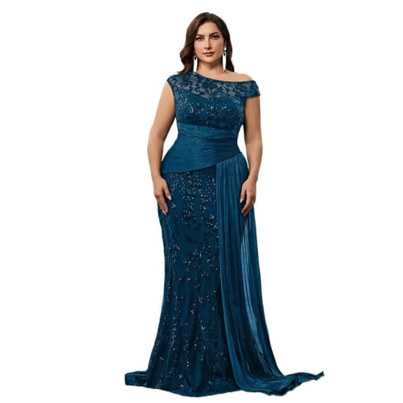 AURA Plus Size Evening Dress Sequin V Neck Sleeveless Party Long Slim Fit Polyester Summer