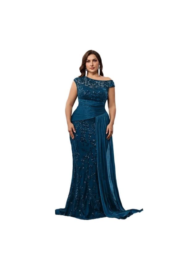 Plus Size Evening Dress Sequin V Neck Sleeveless Party Long Slim Fit Polyester Summer