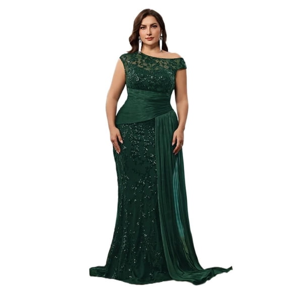 AURA Plus Size Evening Dress Sequin V Neck Sleeveless Party Long Slim Fit Polyester Summer