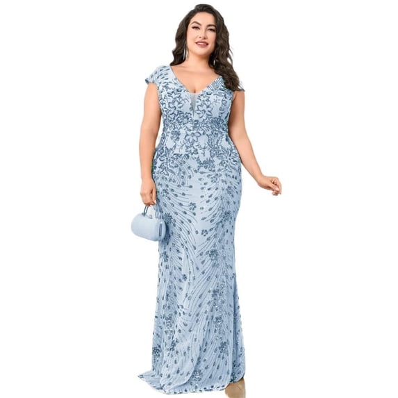 AURA Plus Size Evening Dress Slim Fit Fishtail Long Formal Banquet Gown Spandex Embroidery 0XL 4XL