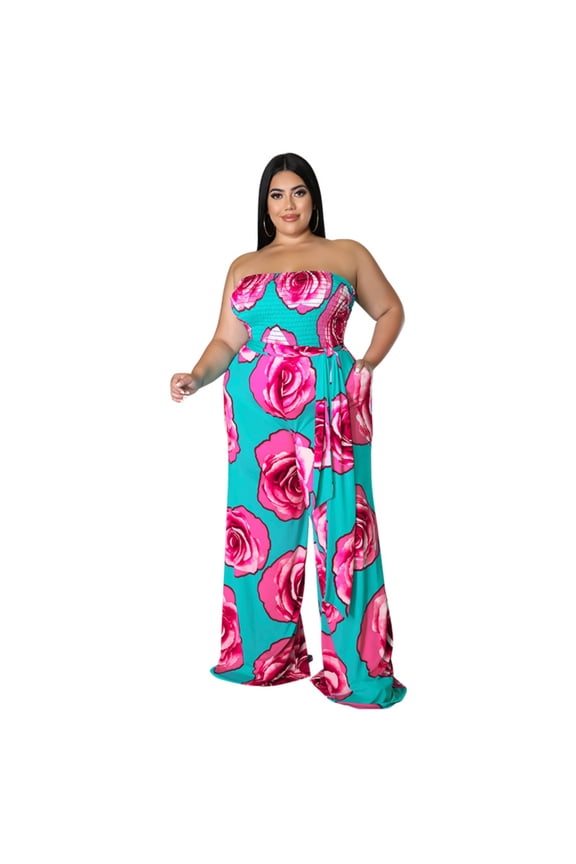 Plus Size Floral Jumpsuit Women Sleeveless Outfit 1XL-5XL Summer Casual Rose Print Wide Leg Romper