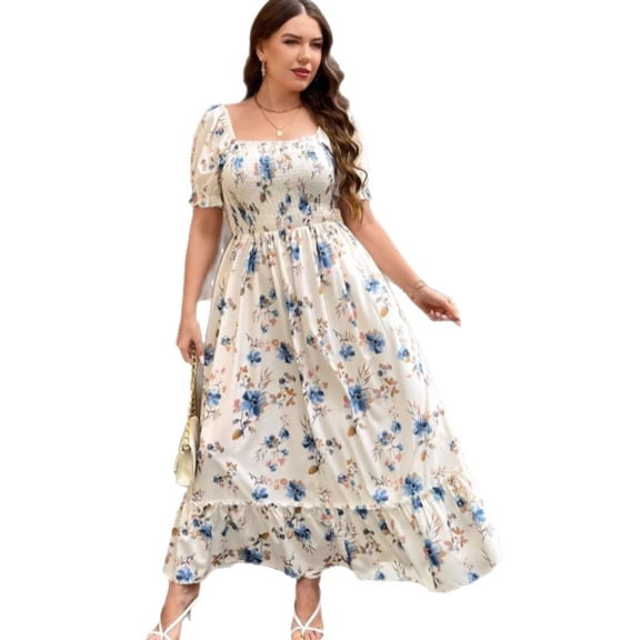 AURA Plus Size Floral Long Dress Digital Print Square Neck Leisure Apricot 0XL 4XL
