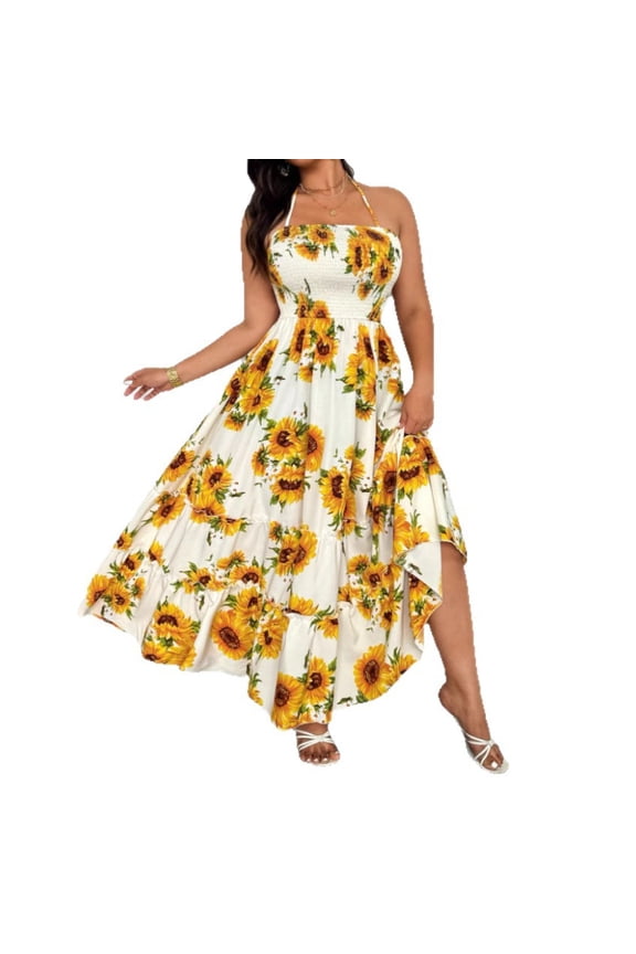 Plus Size Floral Midi Dress Off Shoulder Sleeveless Elegant Commuting Style Polyester Printed Large Hemline Spring Women Outfit