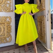 AURA Plus Size High Waist Midi Dress Half High Neck Ruffle Sleeve Irregular Hem Elegant Summer Dress with Zipper