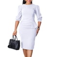 thumbnail image 1 of AURA Plus Size High Waist Pencil Midi Dress Round Neck 3 4 Sleeve Ruched Solid Color Zip Back, 1 of 10