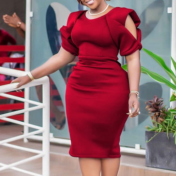 AURA Plus Size High Waist Pencil Midi Dress Short Sleeve Solid Color Summer Office Commuter Dress