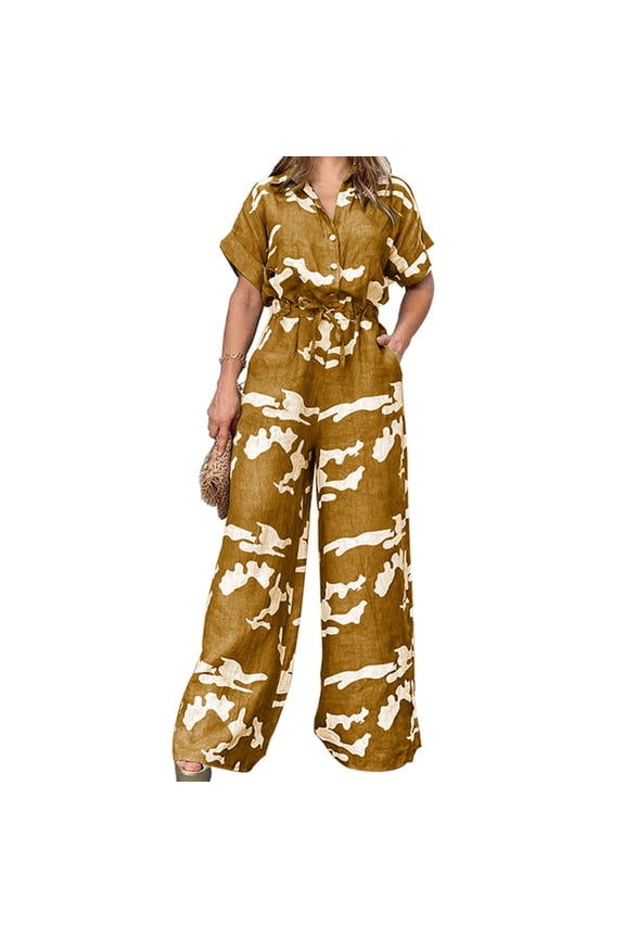 Plus Size Jumpsuit Women Short Sleeve Romper 1XL-5XL Casual Fall Outfit Straight Leg Button Front