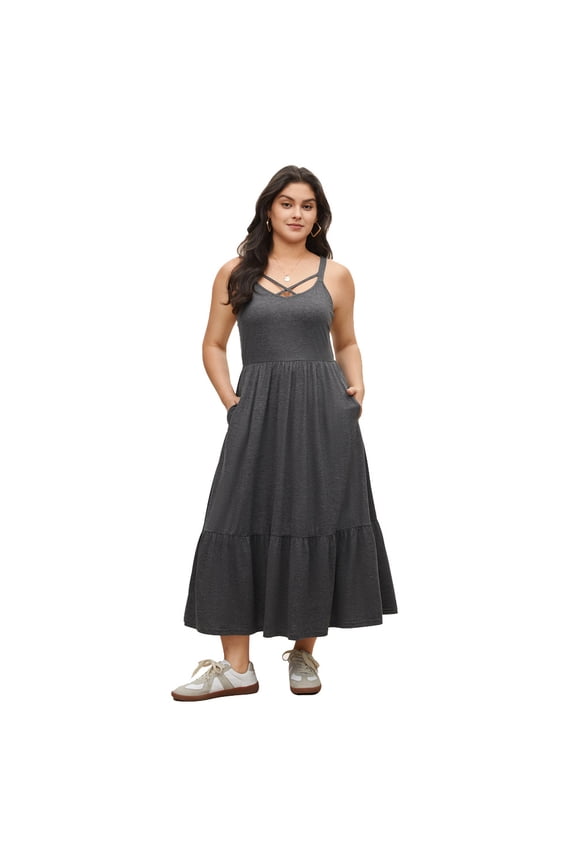 Plus Size Knit Midi Dress Spaghetti Strap Wrap Neck High Waist A Line Gray 1XL 3XL