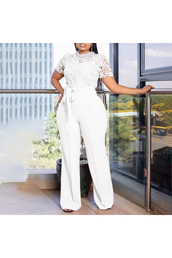 Plus Size Lace Cutout Wide Leg Jumpsuit High Waist Short Sleeve Strap Detail Summer Elegant