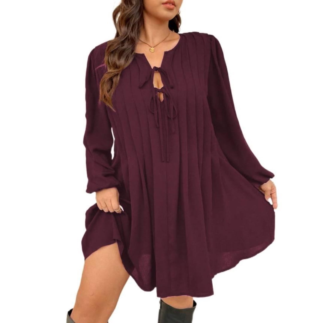 AURA Plus Size Long Sleeve V Neck Dress Patchwork Straight Mid Length ...