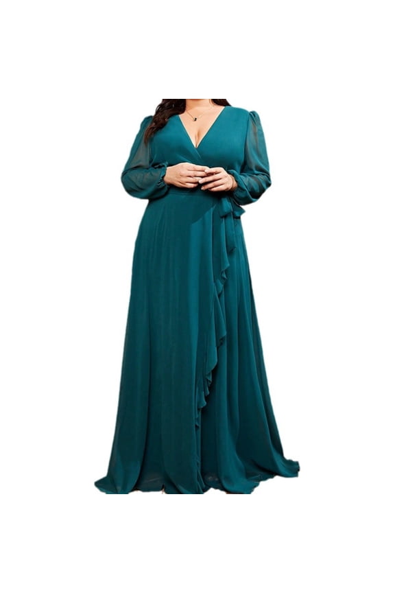 Plus Size Long Sleeve V Neck Maxi Dress Formal Evening Party Dress 0XL 4XL