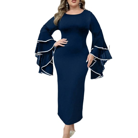 AURA Plus Size Maxi Dress Long Sleeve U Neck Color Block Elegant Commuting Bell Sleeve Polyester Long Skirt 0XL 4XL Blue Black