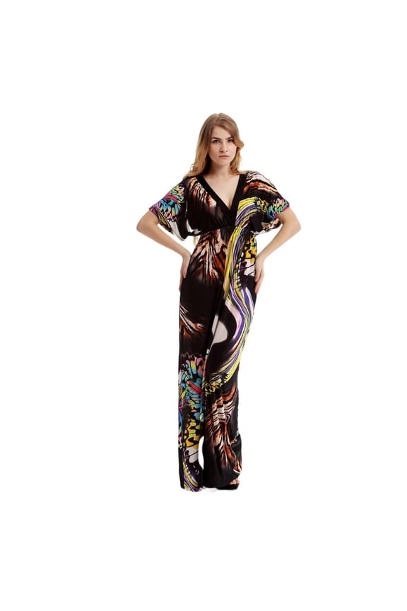 Plus Size Maxi Dress Printed Batwing Sleeve High Waisted Loose Fit Summer Beach Vacation Dress Long Length
