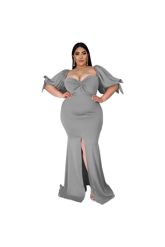 Plus Size Maxi Dress Puff Sleeve Slit Elegant Dress XL-5XL Summer Casual Outfit
