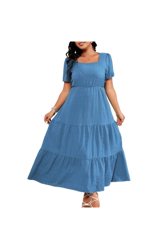 Plus Size Maxi Dress Puff Sleeve Square Neck Backless Pleated Long Dress Elegant Commuter Wear Green Navy Blue