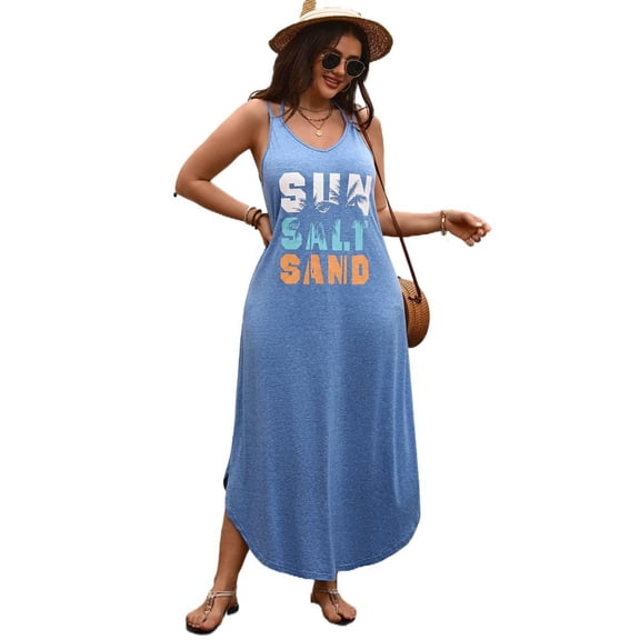 AURA Plus Size Maxi Dress Sleeveless V-Neck Casual Summer Dress for Women, Blue, L–4XL