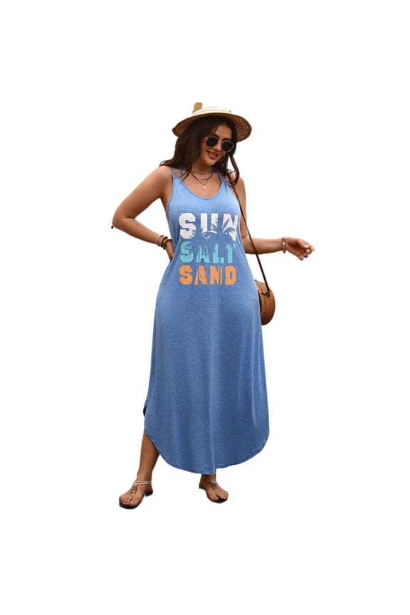 Plus Size Maxi Dress Sleeveless V-Neck Casual Summer Dress for Women, Blue, L–4XL