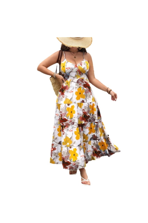 Plus Size Maxi Dress Sleeveless V Neck Floral Summer Commuting Long Skirt Polyester