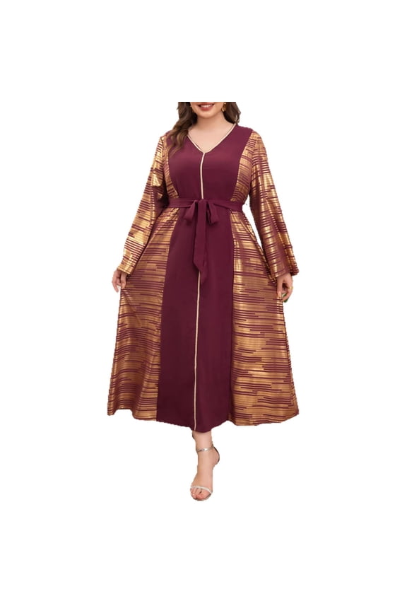 Plus Size Maxi Dress V Neck Long Sleeve Printed Elegant Commuter Style Wine Red 0XL 4XL