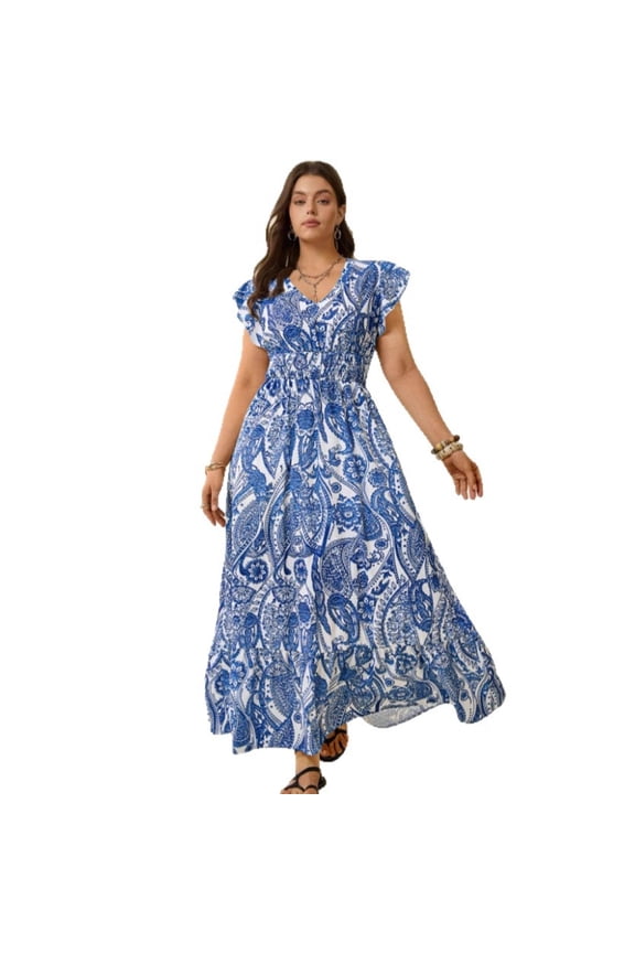 Plus Size Maxi Dress V Neck Sleeveless Printed Commuting Style Long Summer Dress Polyester Blue 0XL 4XL