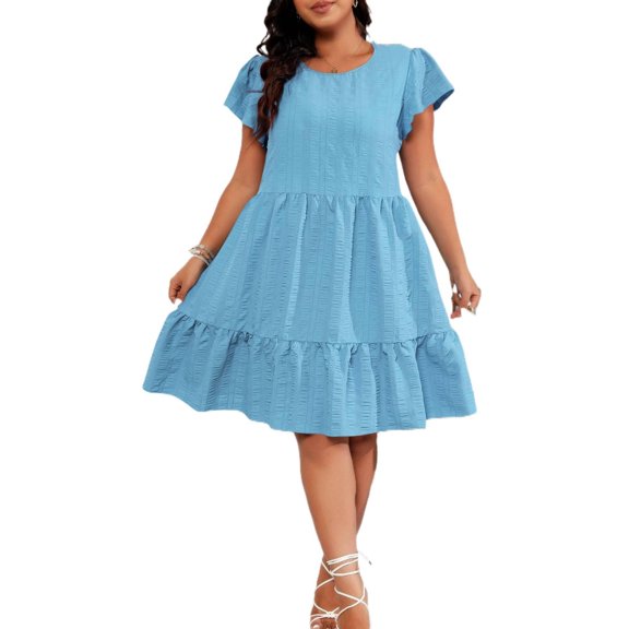 AURA Plus Size Midi Dress Pleated A Line Round Neck Casual Summer Dress 3 4 Sleeve Women 0XL 4XL