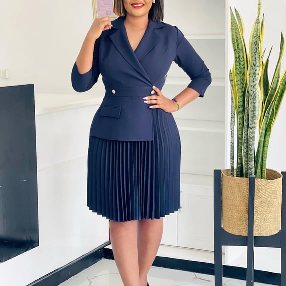 AURA Plus Size Notched Lapel A Line Midi Dress High Waist Pleated 3 4 Sleeve Elegant Autumn Work Dress