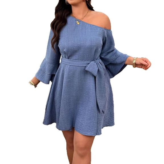 AURA Plus Size Off Shoulder Dress Ruffle Sleeve Loose Fit Midi 0XL-4XL
