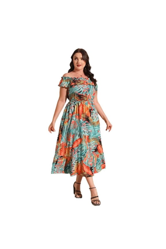 Plus Size Off Shoulder Maxi Dress Floral Print A Line Elastic Waist Summer Casual 1XL-4XL Orange Blue