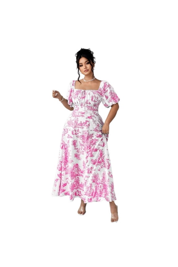 Plus Size Off Shoulder Maxi Dress Printed Long Summer Elegant Casual Pink 0XL 1XL 2XL 3XL 4XL
